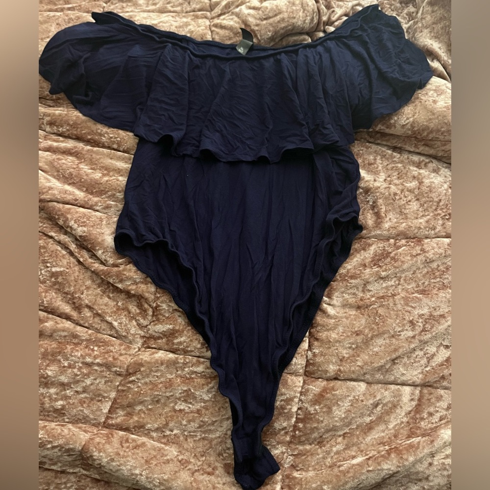 Navy Blue ruffle shoulder bodysuit